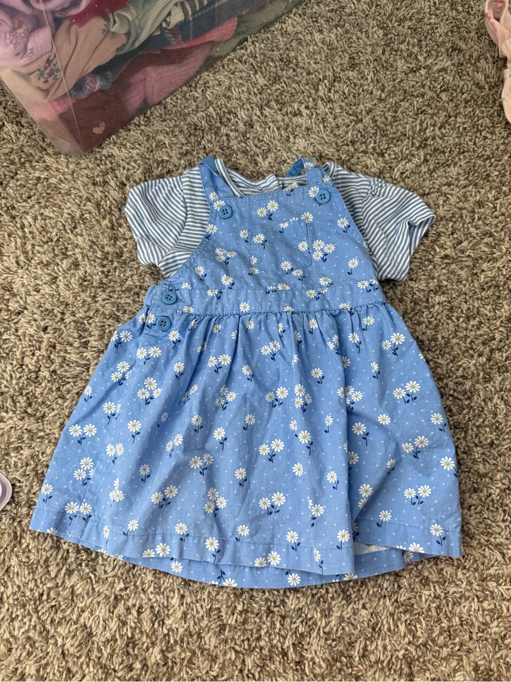 JoJo Maman Bebe Blue Daisy Pinafore Dress with Striped Tee